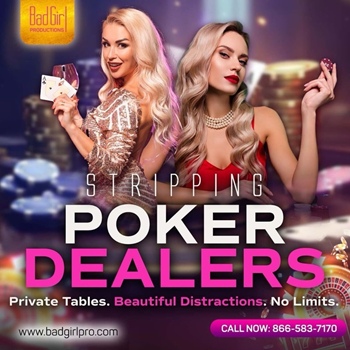 Two elegant young female poker dealers are seated at a poker table, holding cards and poker chips.