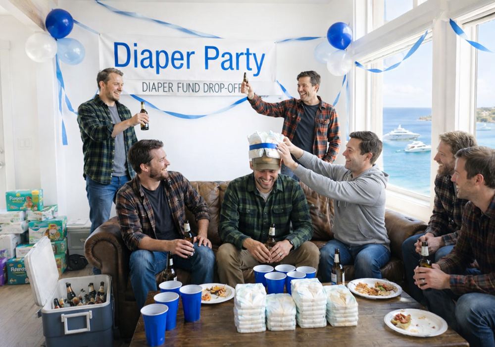 Diaper party group celebrating.