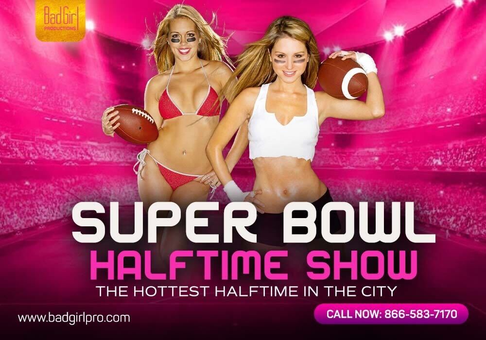 Blonde Super Bowl entertainers in revealing outfits, posing flirtatiously with a football.